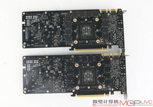 公版的GTX 980Ti PCB布局(下)上则和GTX TITAN X(上)几乎完全一致，唯一的区别是背面少了12颗显存颗粒。